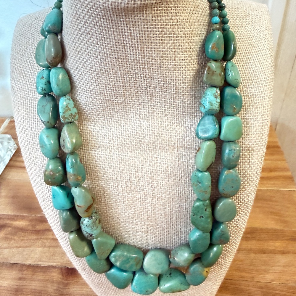 Turquoise Artisan Necklace Two Strander with a 925 Silver Clasp